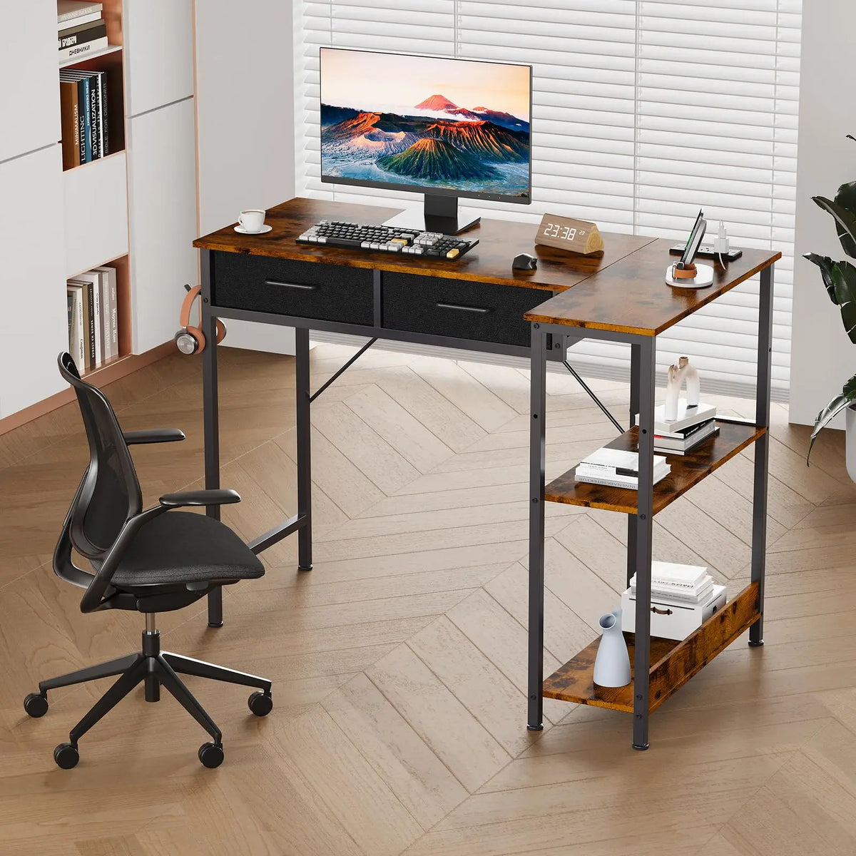 40 Inch L Shaped Gaming Desk With Power Outlet, Reversible Computer Desk With 2 Drawers, 3 Shelves, Headphone Hook