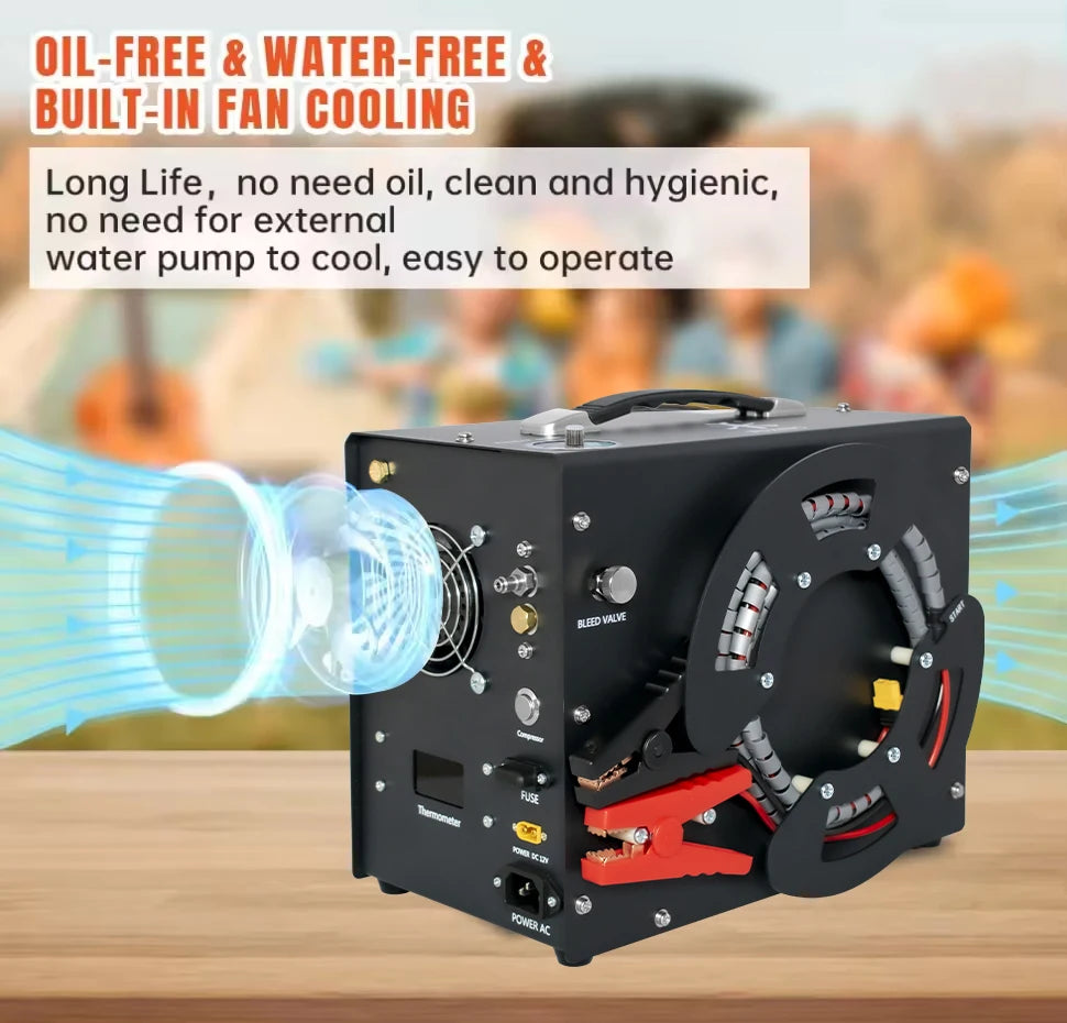 TUXING TXES062 300Bar 4500Psi 12V PCP Air Compressor High Pressure Compressor with Wire Spool 12V Adapter Auto-stop PCP Rifle