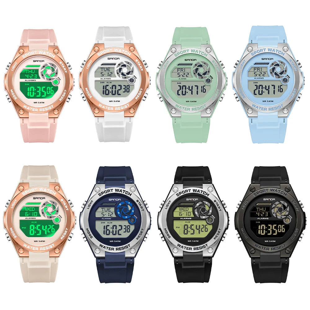 SANDA Durable Ladies Sports Luxury Brand Wristwatch Women TPU Strap Luminous Waterproof Week Date Digital Casual Watch