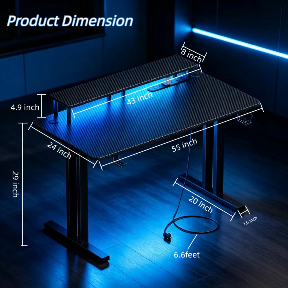 RGB Gaming Desk with Adjustable LED Lights, Carbon Fiber Surface, Detachable Monitor Stand & Built-in Power Strip, Home Office Computer Gaming Table with Cup Holder Headset Hook for Streaming Work Game