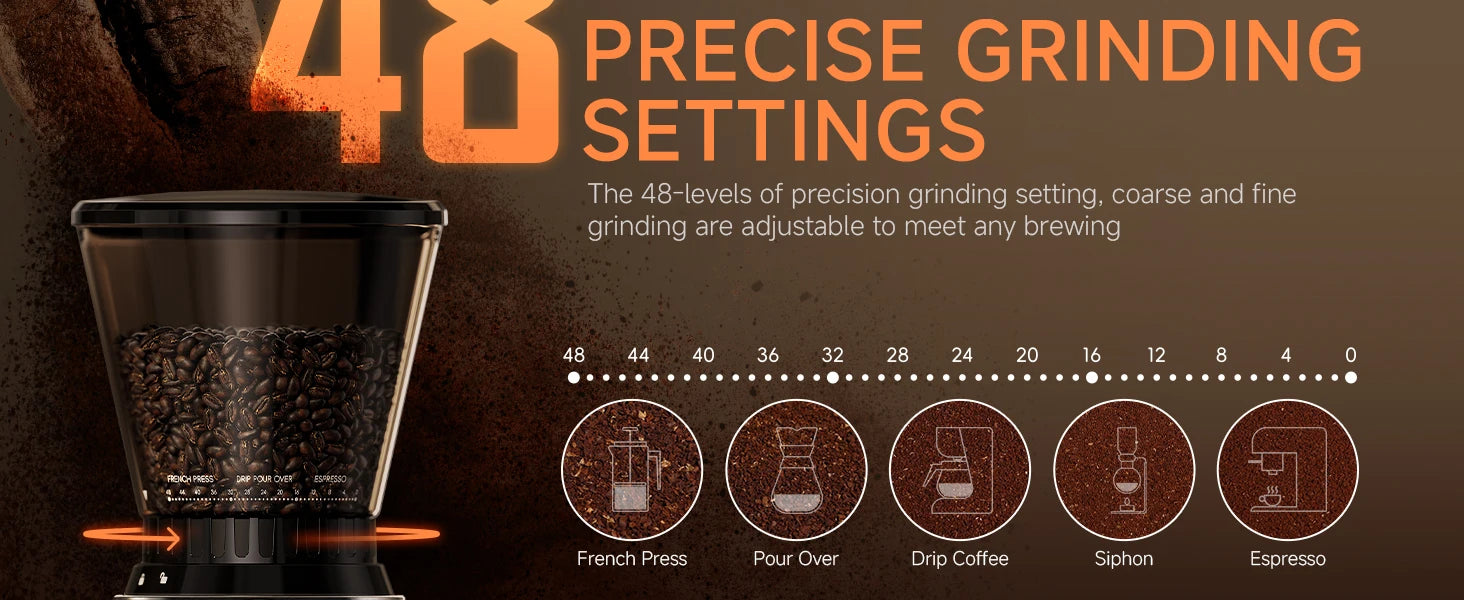 BioloMix Professional Conical Burr Grinder 48 Adjustable Settings with Removable Holder for Espresso Drip and French Press