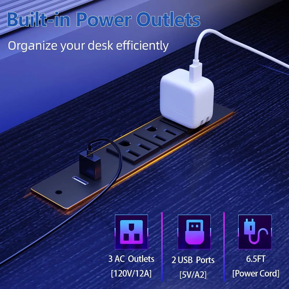 51" Gaming Desk with Power Outlets & LED Lights, Reversible Computer Desk with File Cabinet & Monitor Stand for, Customized