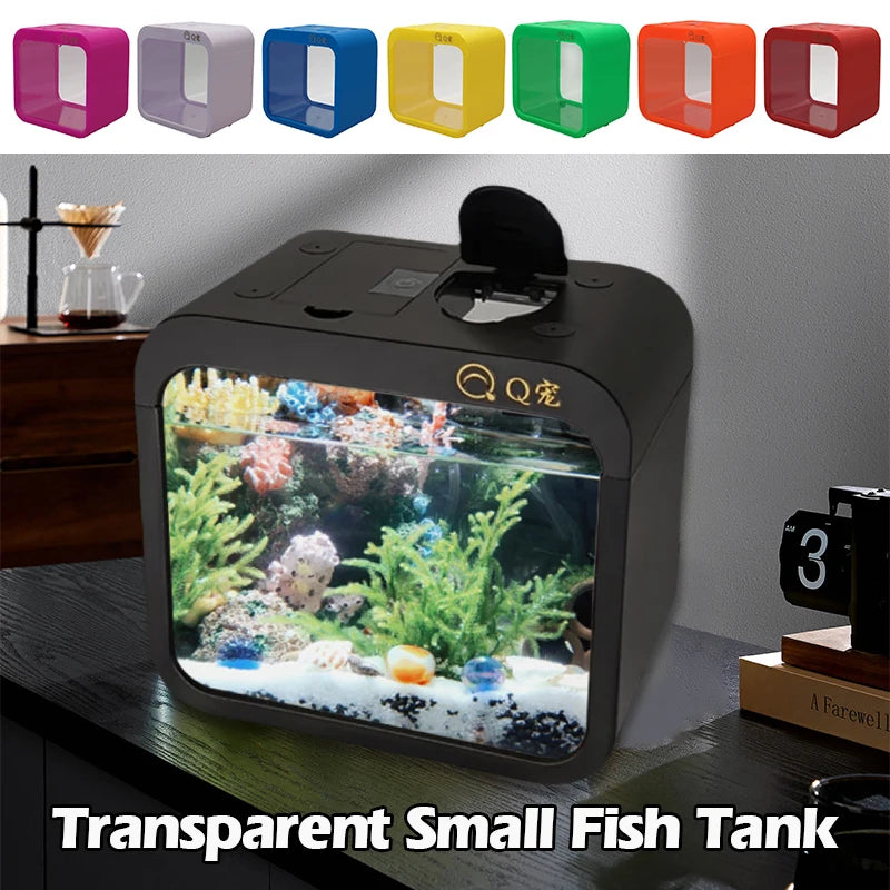 Desktop Transparent Acrylic Fish Tank Plastic Small Goldfish Tank Creative Aquarium with LED Light Decoration (No Batteries)