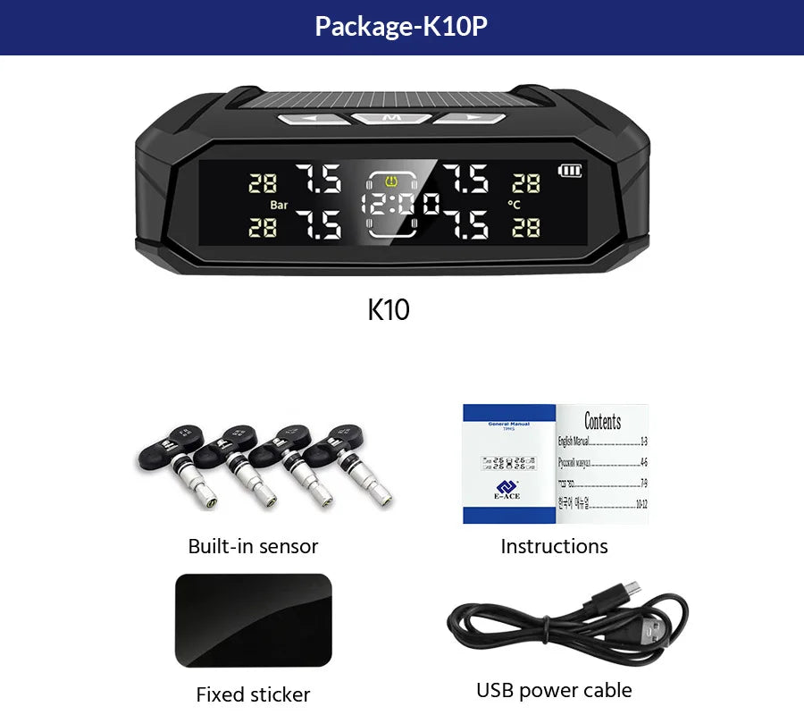 E-ACE Car TPMS Sensor 8 Bar Smart System For Car Truck With Car Electronic Clock Auto Intelligent System Solar Power LCD Display