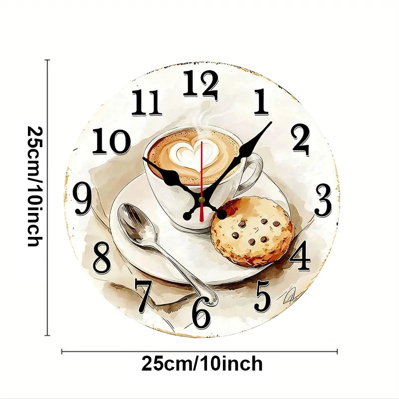 Coffee & Pastry Wooden Round Silent Hanging Wall Clock, Suitable For Living Room, Office, Study Room, Bedroom, Home Decoration