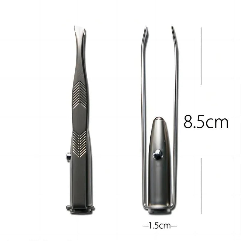 Precisely shape your brows anytime with this portable stainless steel eyebrow tweezer—smart design featuring built-in LED light for flawless makeup application!