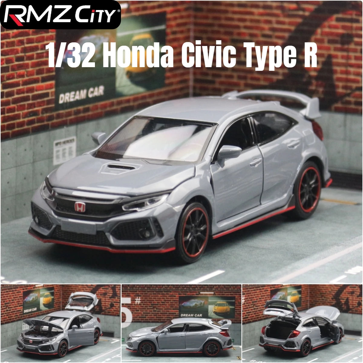 1/32 Honda Civic Type R Toy Car For Children Diecast Miniature Model Pull Back Doors Openable Sound Light Collection Gift Boys