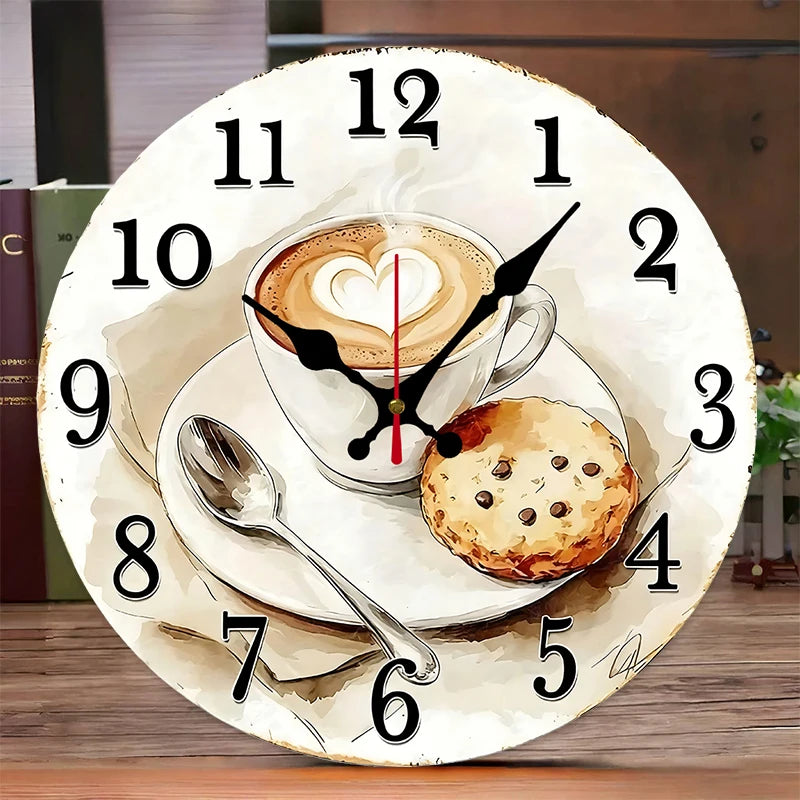 Coffee & Pastry Wooden Round Silent Hanging Wall Clock, Suitable For Living Room, Office, Study Room, Bedroom, Home Decoration