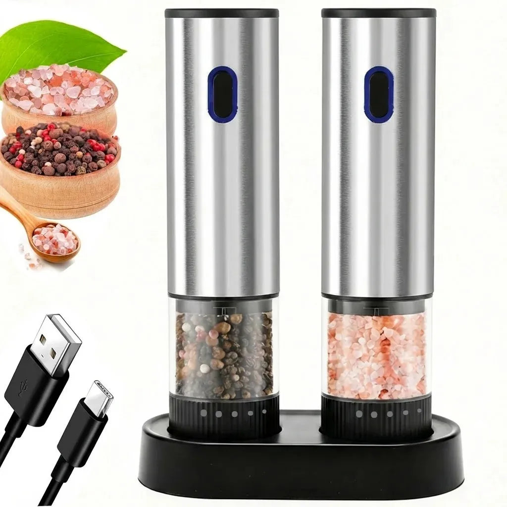 1pc/2pcs Electric Salt and Pepper Grinder Automatic Rechargeable Pepper Mill Shakers External Adjustable Coarseness Kitchen