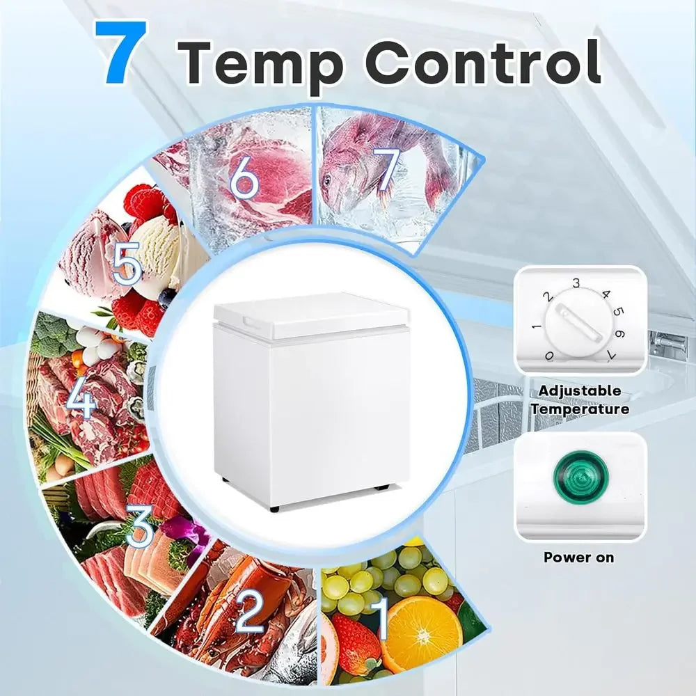 Compact 7-Tat Chest Freezer with Removable Basket, Low Noise, Suitable for Home, Dorm, Office, Apartment, White