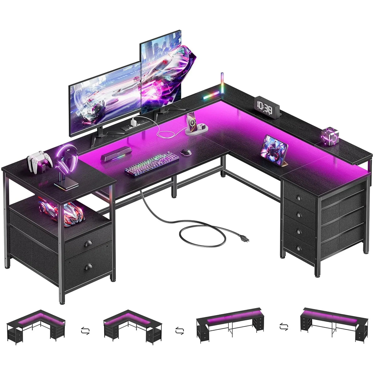 66" L‑Shaped Gaming Desk,6 Drawers & LED Lights & Power Outlets,Home Office Corner Workstation, Custom