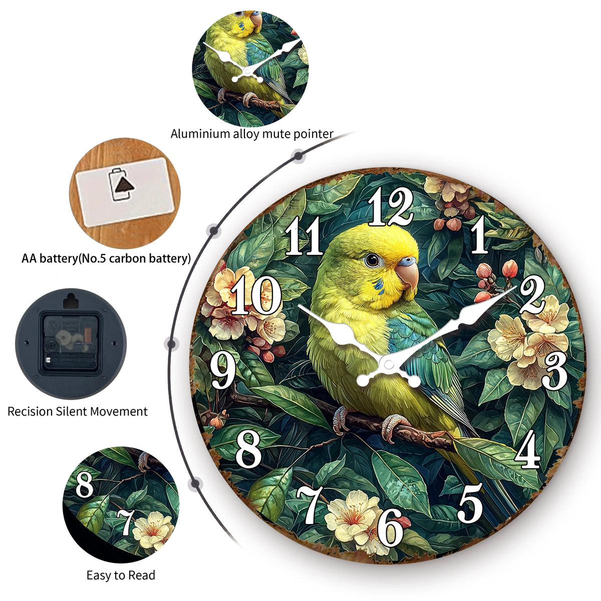 Vibrant Parrot on Branch Wall Clock - Tropical Bird Theme Decorative Timepiece for Home