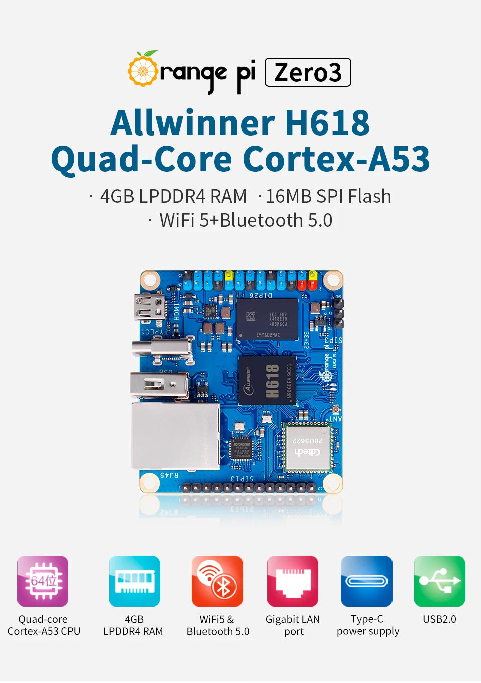 Orange Pi Zero 3 1GB 2GB 4GB RAM DDR4 Allwinner H618 WiFi Bluetooth Mini PC Zero3 Development Board SBC Single Board Computer