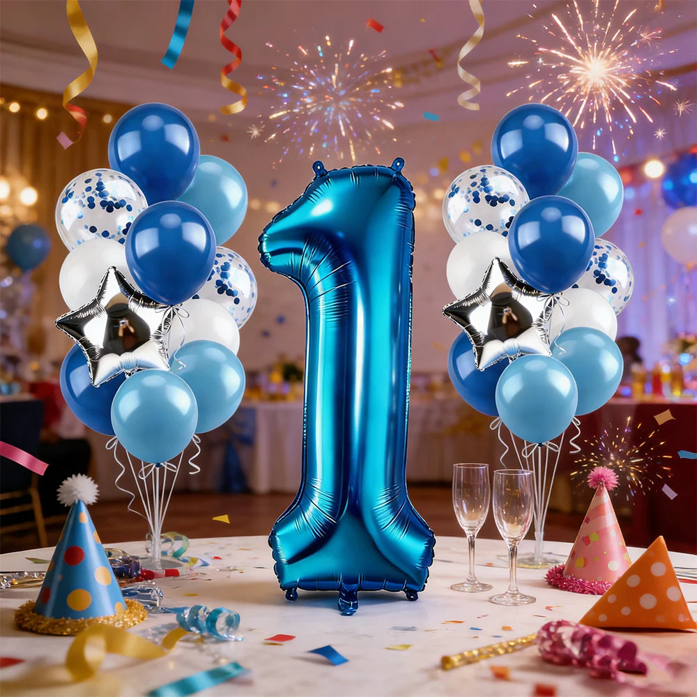 12pcs Blue 32inch Number Foil Balloon Star Confetti Latex Balloon Birthday Party Kids Adult Wedding Anniversary Globos Supplies