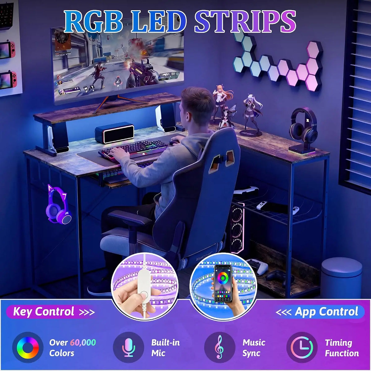 L Shaped Gaming Desk with Power Outlets & RGB LED Lights, 46" Corner Computer Table with Monitor Stand, Keyboard, Customized