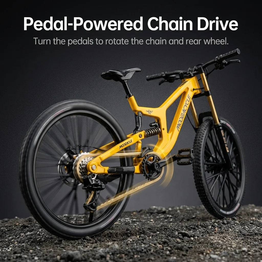 European bikes 1:8 Alloy Mountain Bike Model With Base Features Realistic Gears Dual Suspension, Perfect for Cycling Enthusiasts