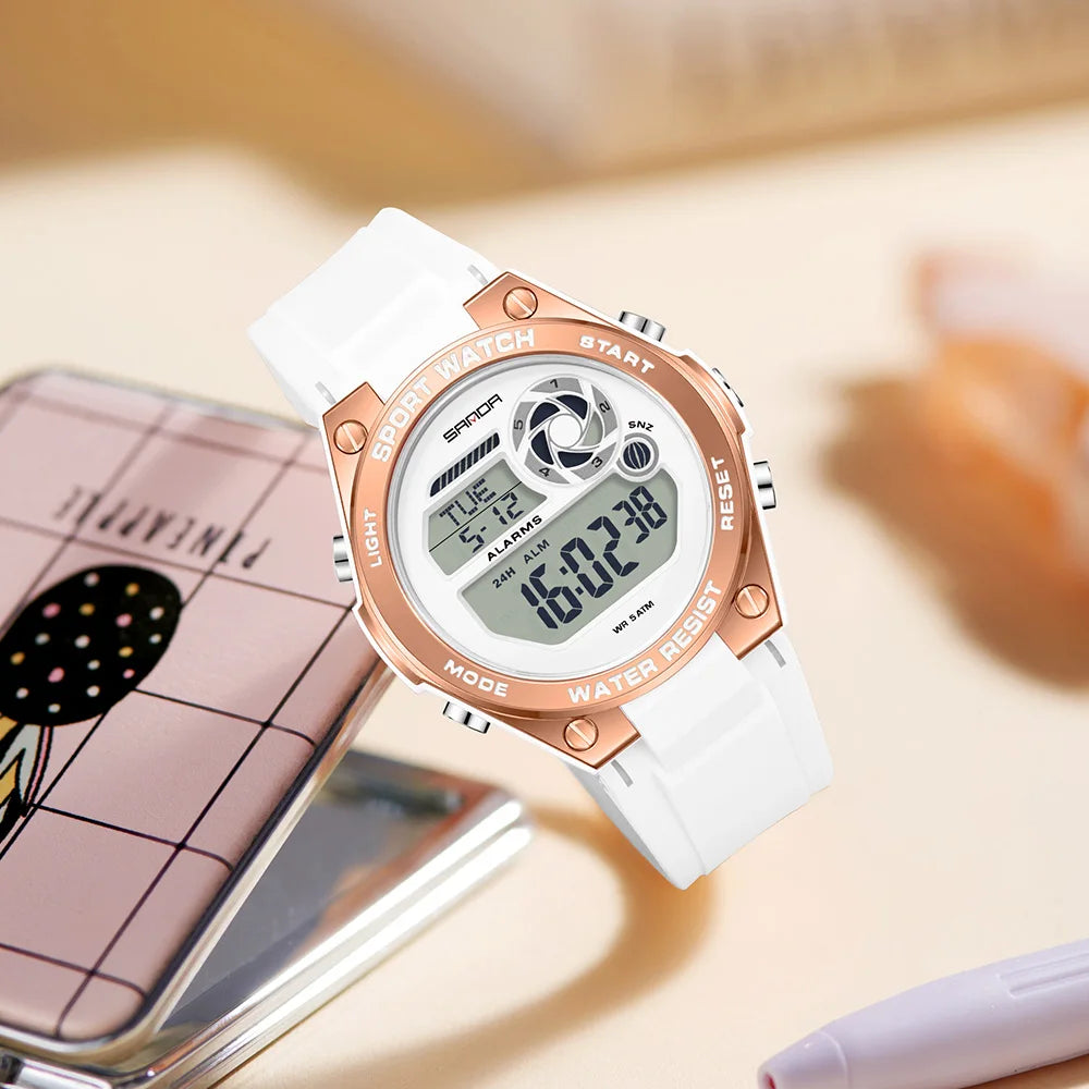 SANDA Durable Ladies Sports Luxury Brand Wristwatch Women TPU Strap Luminous Waterproof Week Date Digital Casual Watch