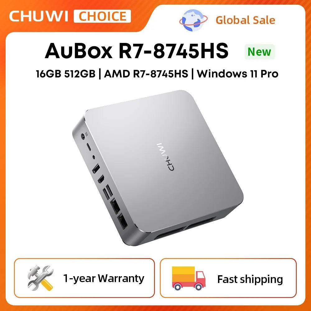 CHUWI AuBox Mini PC AMD Ryzen 7 8745HS 16GB DDR5 512GB SSD Windows 11 Pro 4K Display AI-Link WiFi 6 BT 5.1 Extend M.2 1T*2 PC