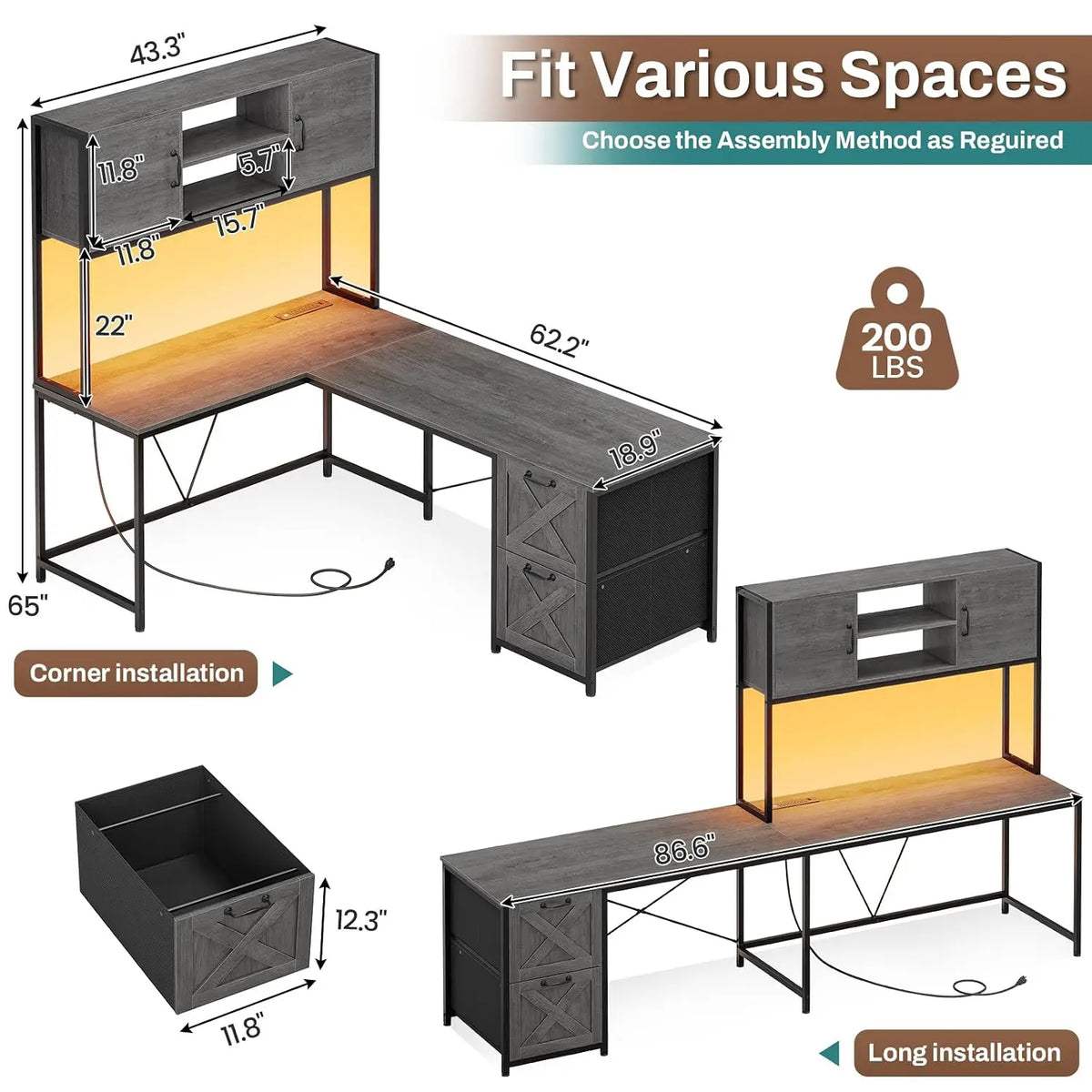 L Shaped Gaming Desk with Drawers LED Lights Power Outlet Hutch Storage Shelf Home Office Grey, Customized