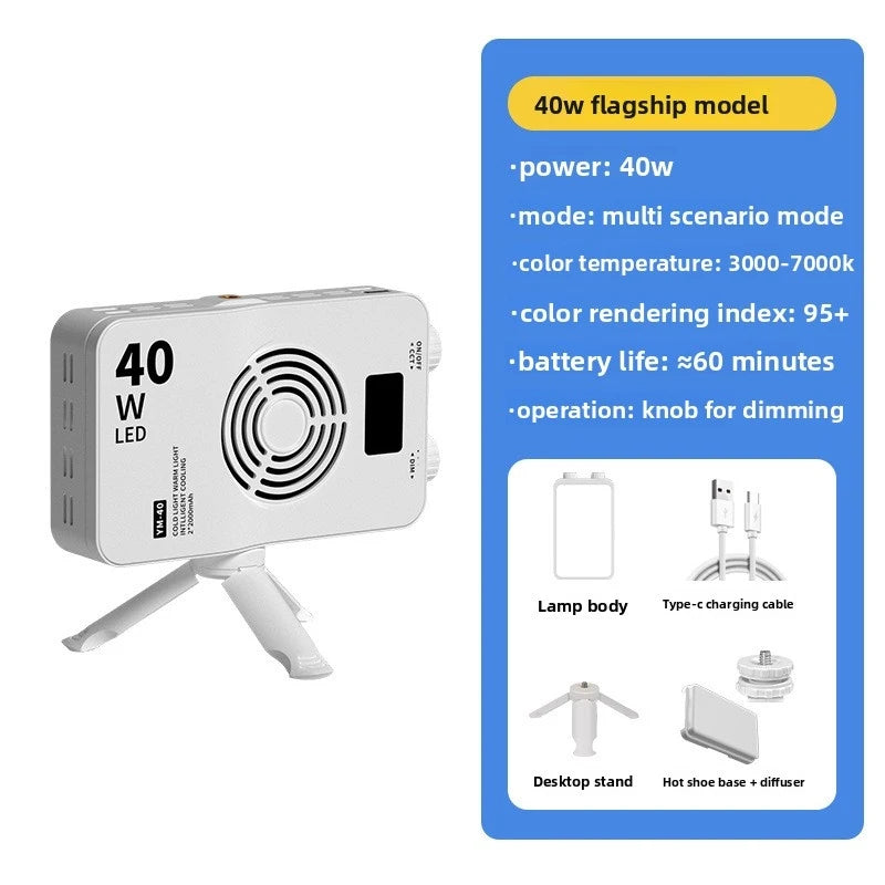 40W Mini Portable LED Fill Video Light with Built-In Rechargeable Battery Fill Light for Mobile Phone Charging PD