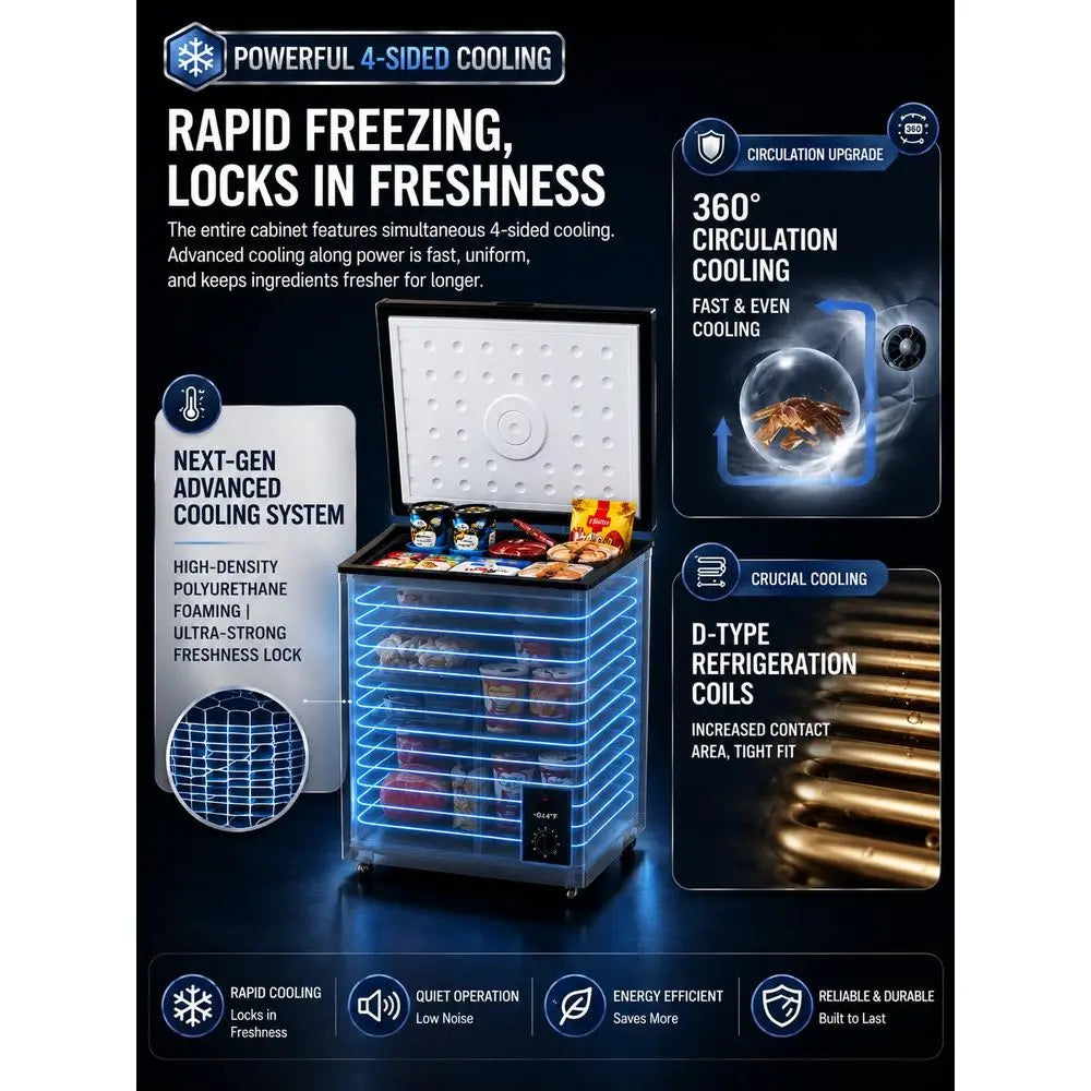 Cu Ft Chest Freezer, Compact Deep Freezer with Adjustable Temperature Control, Energy Efficient LowNoise Design, Removable Bask