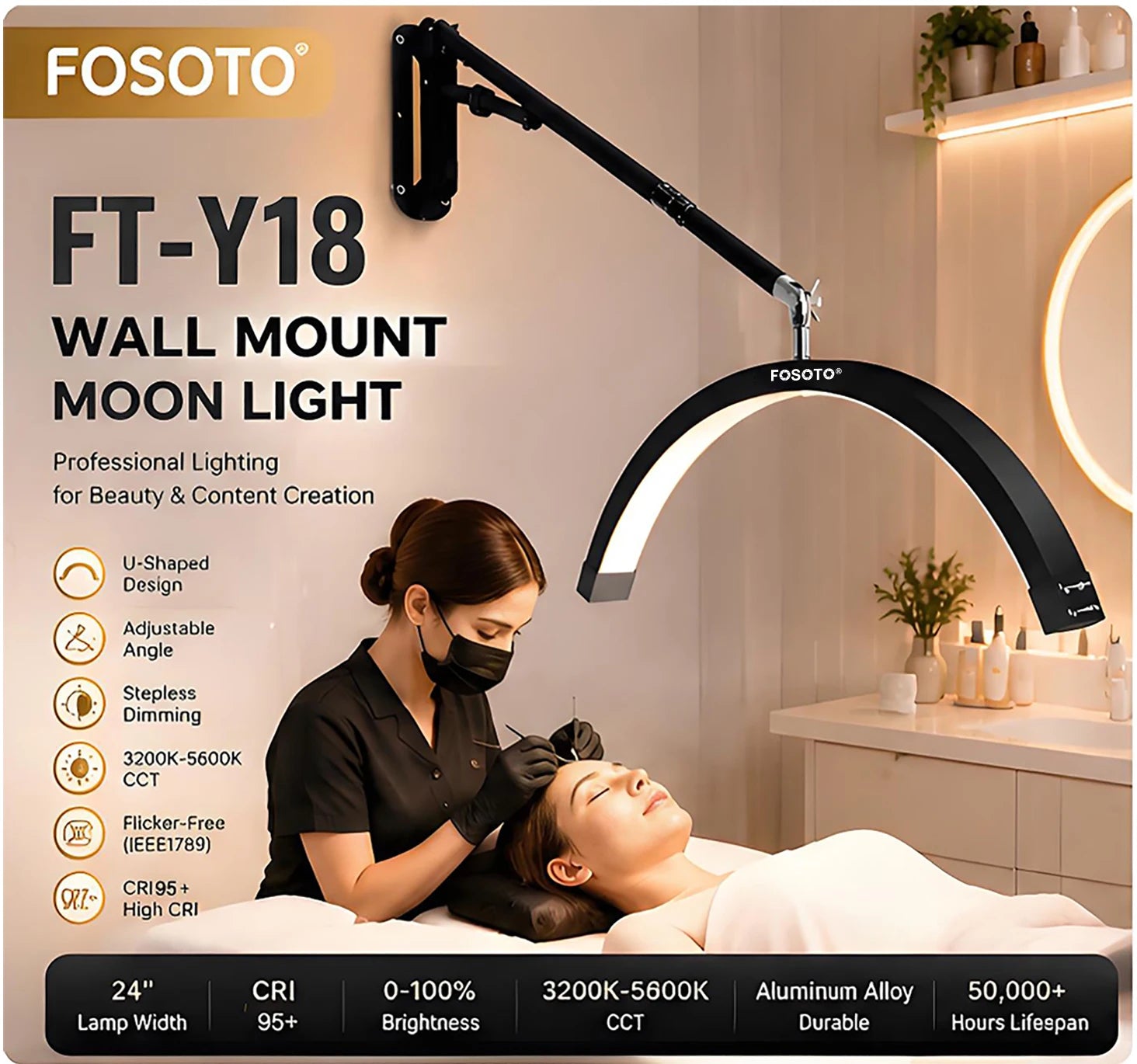 FOSOTO Wall Mounted Half Moon Lamp Photographic Fill Light LED Ceiling Light for Barbershop Eyelashes Nail Tattoo Beauty Salon