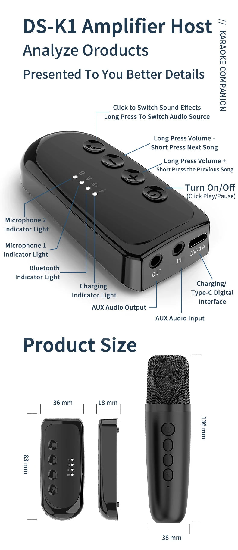 Wireless Karaoke Companion Bluetooth 5.3 Dynamic Microphone KTV DSP Mixer System 3.5MM AUX Type-C Amplifier Host For Speaker Car