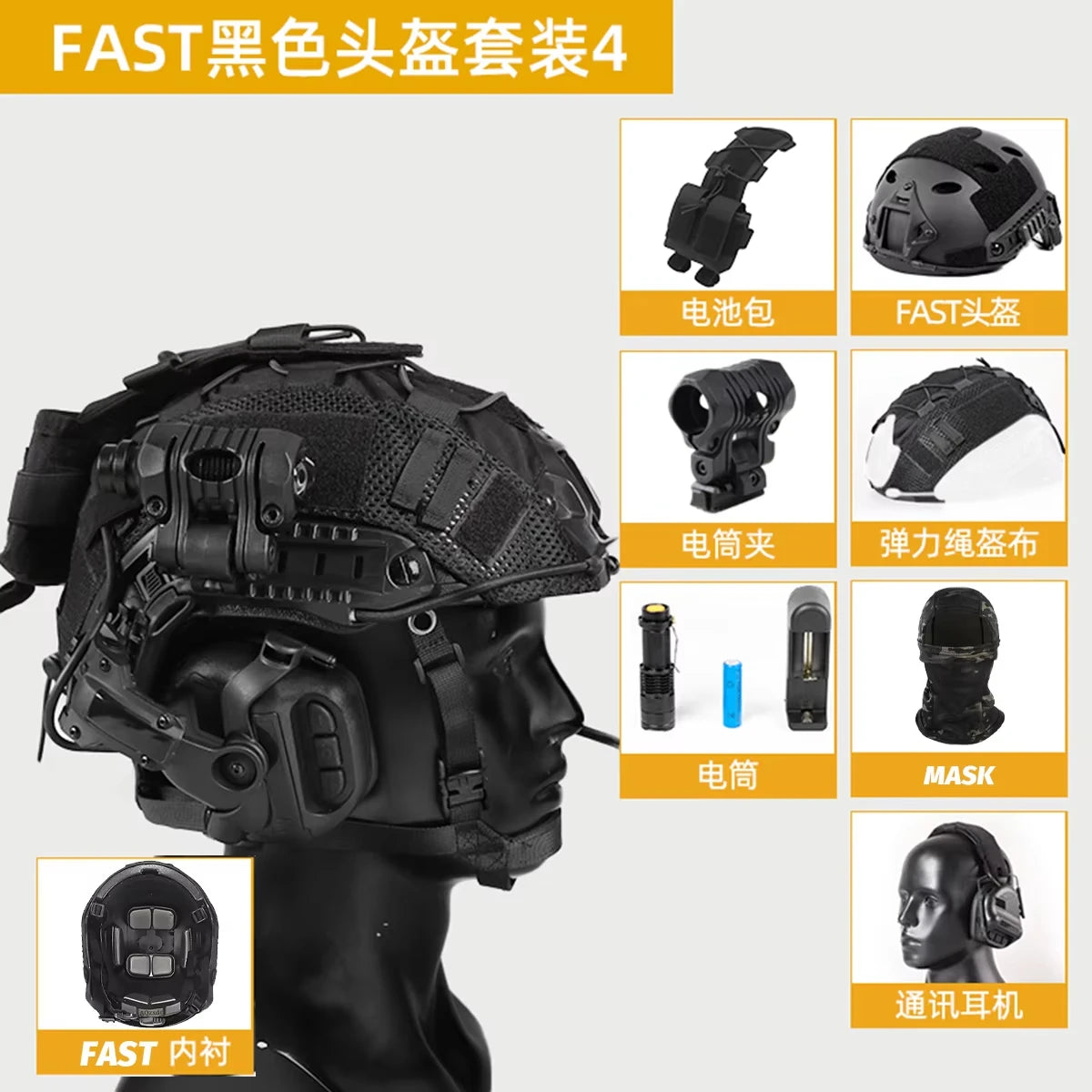 Helmet Set with Night Vision Model Sound Pickup Noise Reduction Military Headphones Tactical Flashlight Goggles Split Mask