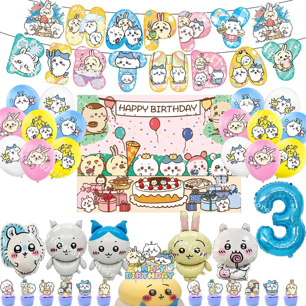 Chiikawa kawaii Happy Birthday Party Decorations Cute plate Banner Cake Topper Flag Balloons Disposable tableware Decorations