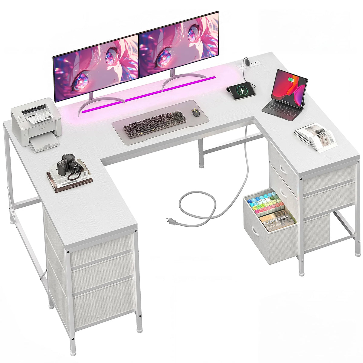 U Shaped Gaming Corner Desk 67" | Computer Desk Home Office Desk with 6 Drawers, Power Outlets, LED Lights for Bedroom Office