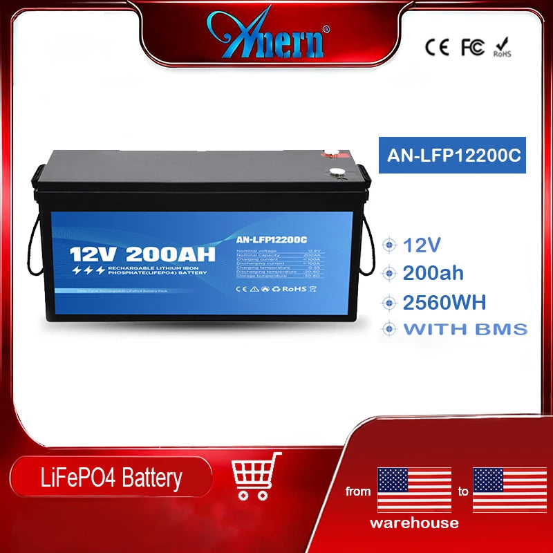 Anern High Quality 2560WH 12V/24V 100Ah LiFePO4 Lithium Battery Built-in BMS for Inverter Motorhome Solar System Boat Household