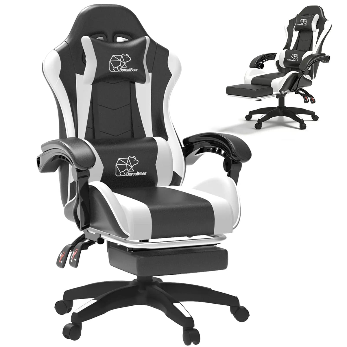 Computer Gaming Chair, Ergonomic Gaming Chair, Leather Office Chairs with Foot Rest, Back Recliner Height Adjustable White+Black