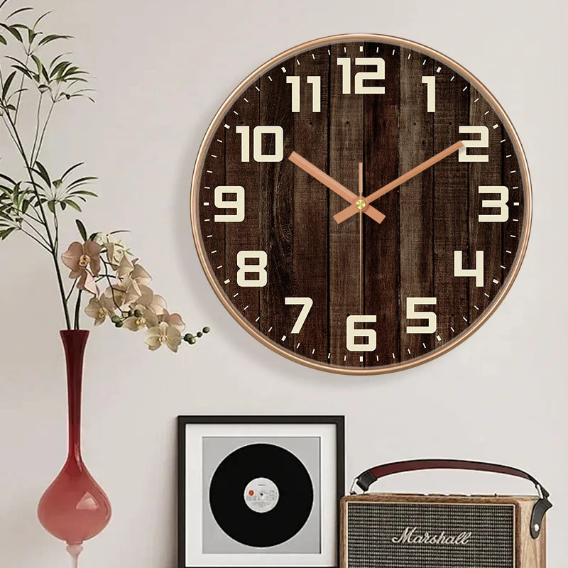 Vintage Rustic Wall Clock 2D Wood Grain Silent Noiseless Round Clock Farmhouse Style Decor for Living Room Kitchen Bedroom Home