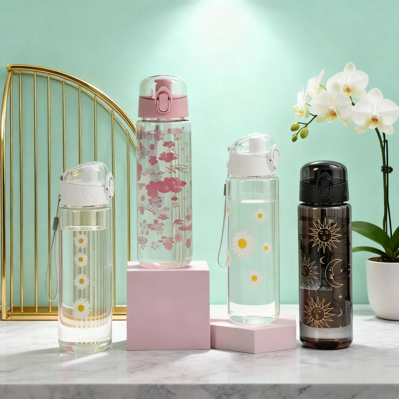 780ML Large Capacity Sports Transparent Water Bottle Leakproof Flower Plastic Drinking Bottles Outdoor Cycling Hiking Gym Jugs