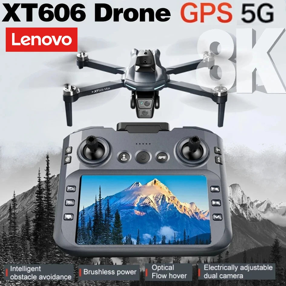 Lenovo XT606 Drone Professional 8K HD Camera 5G GPS WIFI FPV Drones 4.5 Inch Screen Avoidance Brushless Motor RC Dron Toys