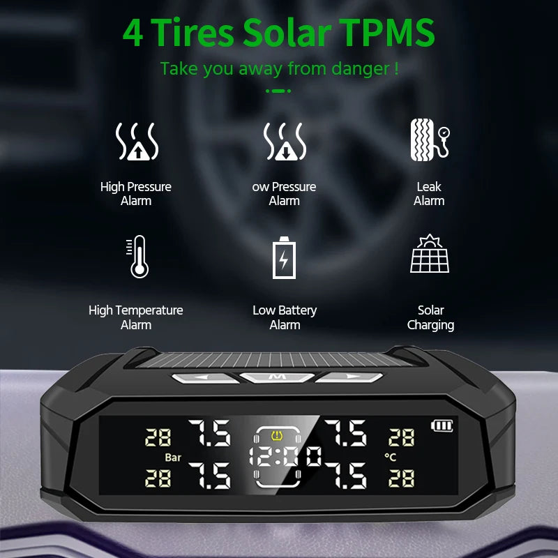 E-ACE Car TPMS Sensor 8 Bar Smart System For Car Truck With Car Electronic Clock Auto Intelligent System Solar Power LCD Display