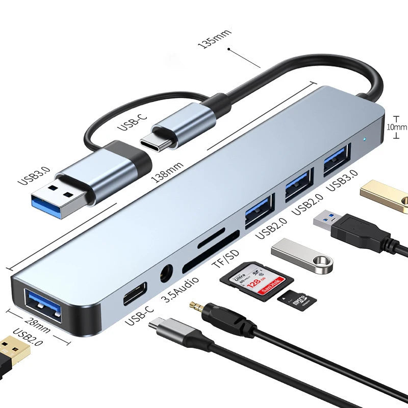 Expand your connectivity with this 8-in-2 USB + Type-C hub docking station—featuring multiple USB ports and a convenient card reader for seamless device access! Card Reader Laptop Tablet Phone Disk Converter