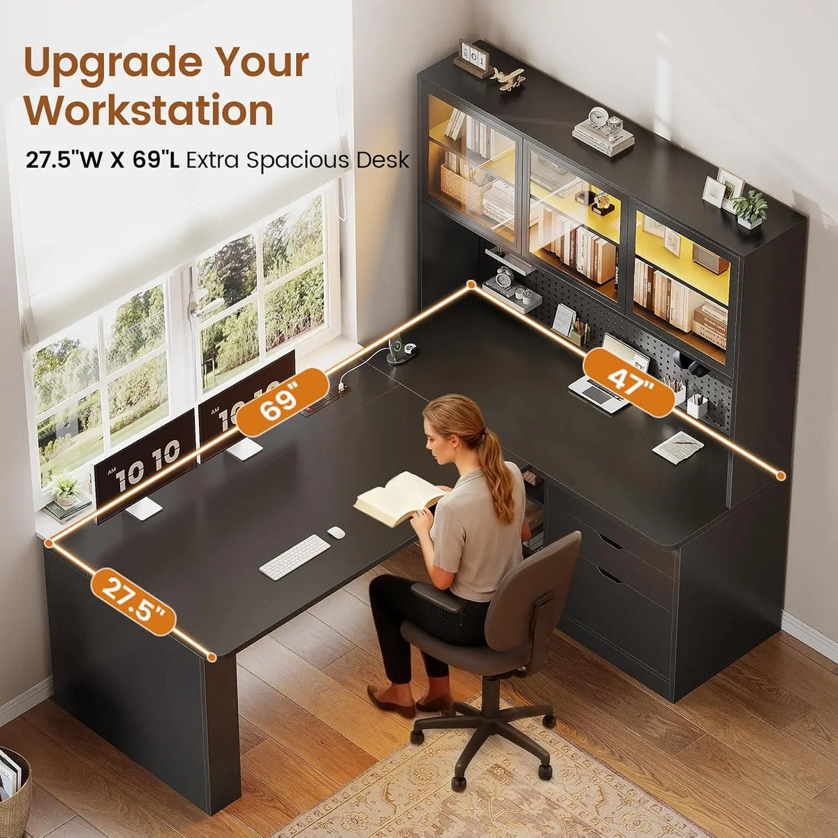 L Shaped Corner Gaming Desk with 3 Wood Drawer and Large Bookshelf, Customized