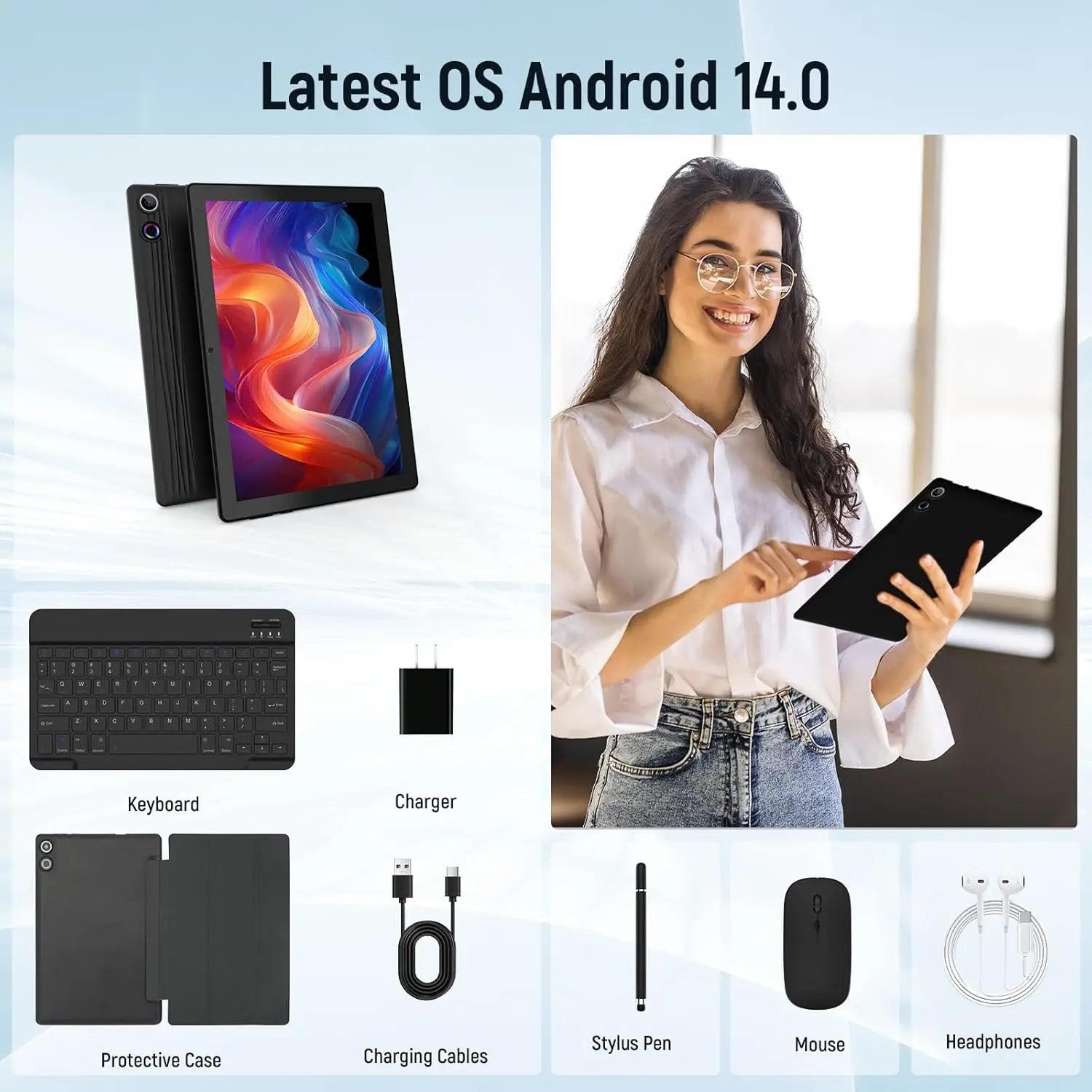 11 Inch Android Tablet 14GB+64GB Octa-Core 6800mAh Widevine L1 8 in 1 with Keyboard Mouse Protective Case Stylus Headset Charger