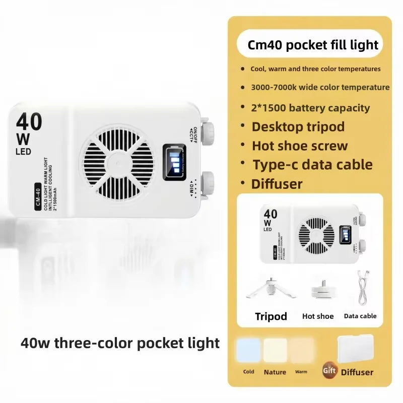 40W Mini Portable LED Fill Video Light with Built-In Rechargeable Battery Fill Light for Mobile Phone Charging PD