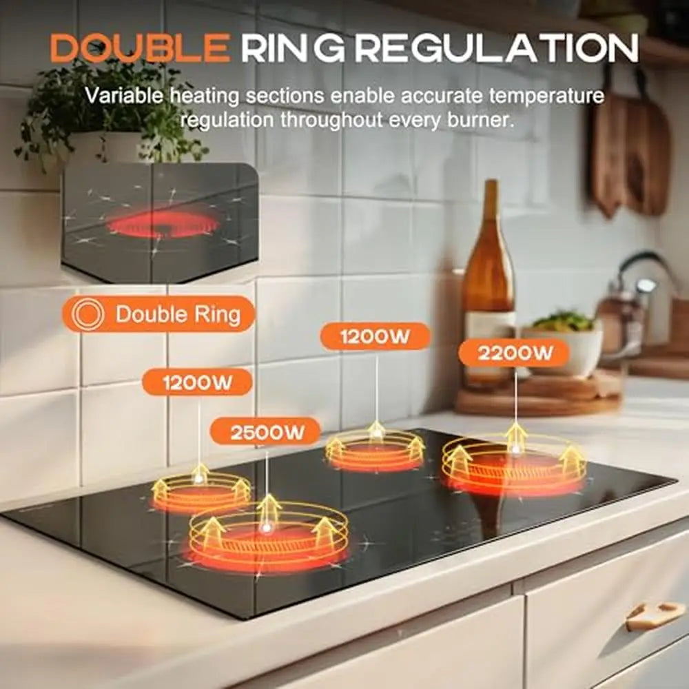 30" Electric Ceramic Cooktop 4 Burners Sensor Touch Control 7100W Power Multi-functional Safety Lock Timer Black Glass Surface