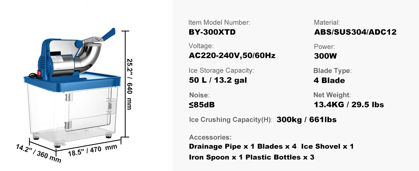SucceBuy Electric Snow Cone Machine Ice Shaver Crusher Granizing Glass Blender Mixer Chopper Stainless Steel Colder Commercial