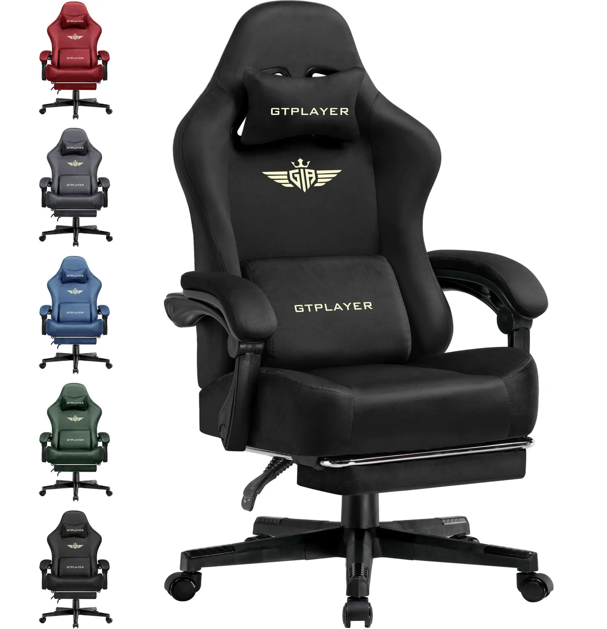 GTPLAYER Gaming Chair Fabric with Pocket Spring Cushion, Big and Tall Gamings Chairs 350LBS High Back Computer Chair with Footrest for Adults Lumbar Support Swivel Game Chair for Office Light Black