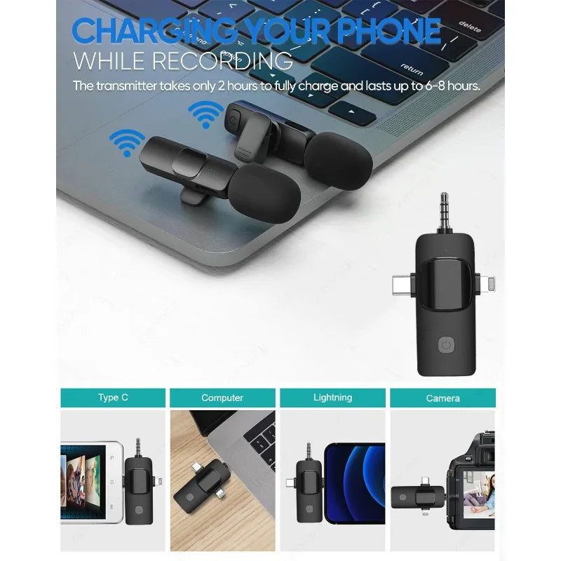 Capture crystal-clear audio on the go with this professional 4-in-1 wireless lavalier microphone—compatible with iPhone and Android devices for versatile, high-quality recording!