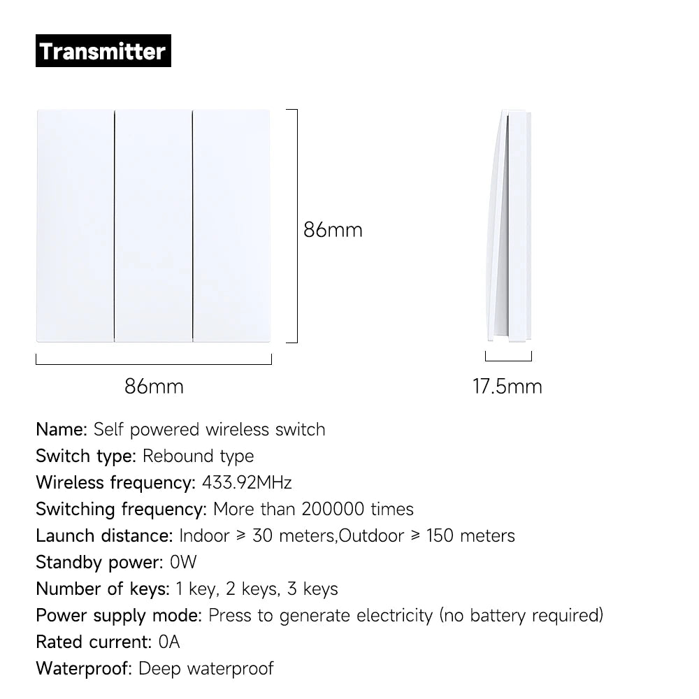 New High-End No Battery Self Powered Wireless Switch 1/2/3 Gang High-Sensitivity Kinetic Switches Rf433mhz Waterproof Panel