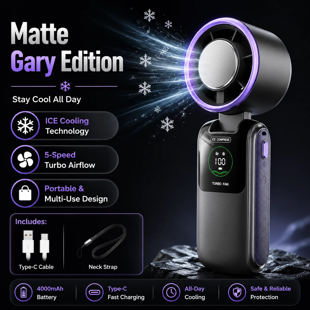 Ice Cooling Portable Neck Fan, 5-Speed Turbo Wind Foldable Hands Free Cooler, 4000mAh 9H Battery Travel Outdoor