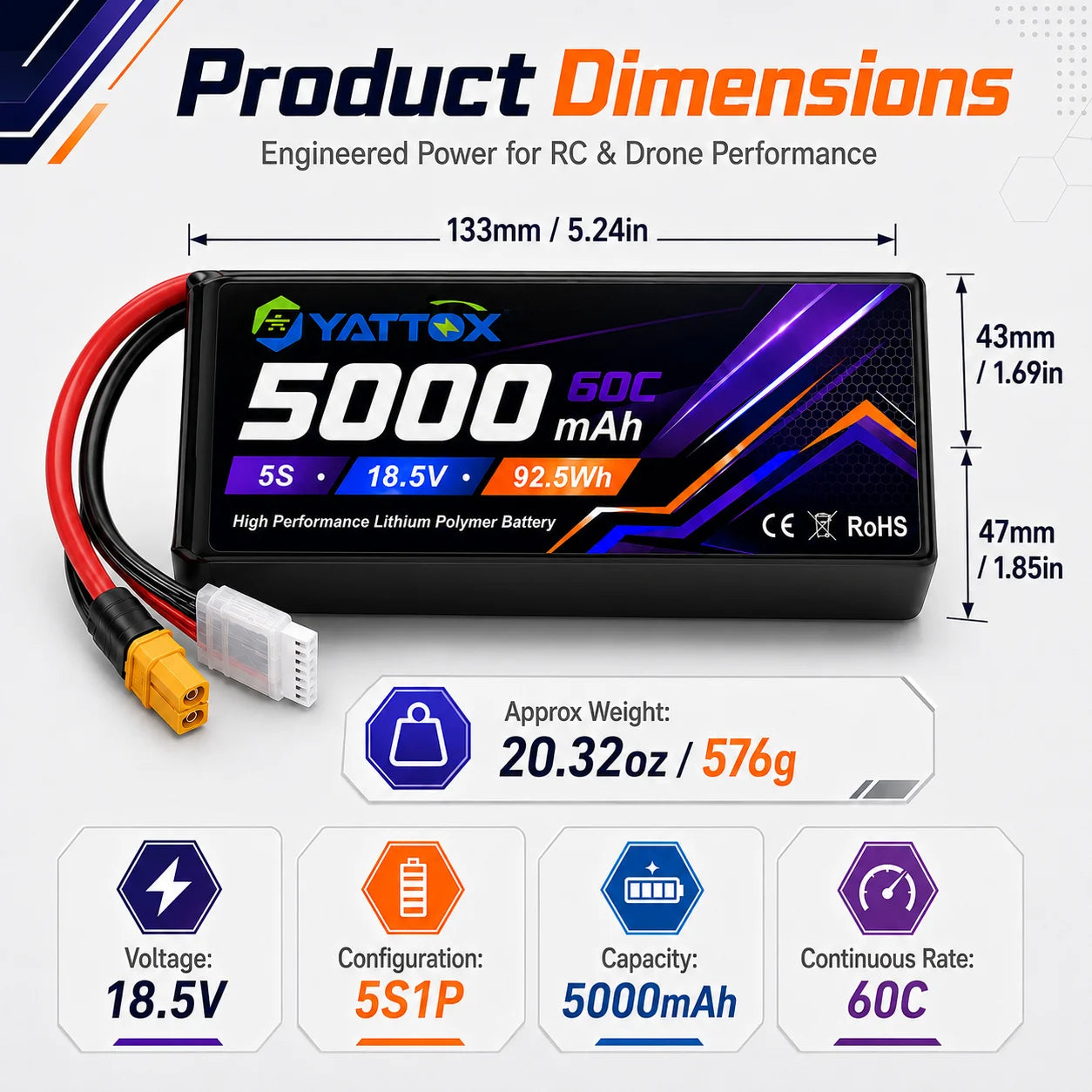 Yattox 5S 5000mAh 60C 100%LCO LiPo Battery for RC Airplane Helicopter Drone Car