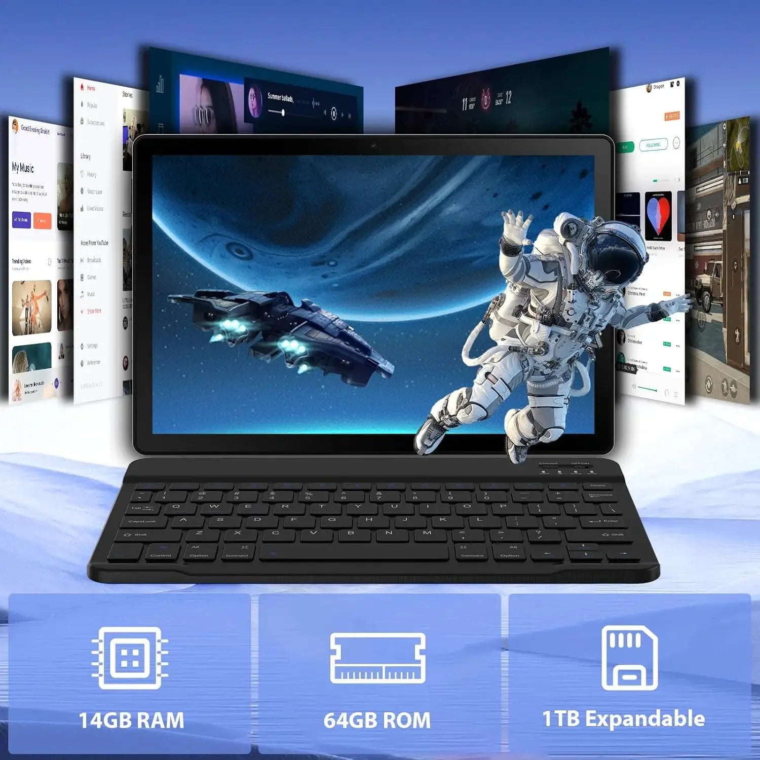 URAO 11 Inch Tablet Android 14GB RAM 64GB ROM 6800mAh IPS HD Touch Screen with Keyboard Protective Case Mouse Stylus 8 in 1 Kit