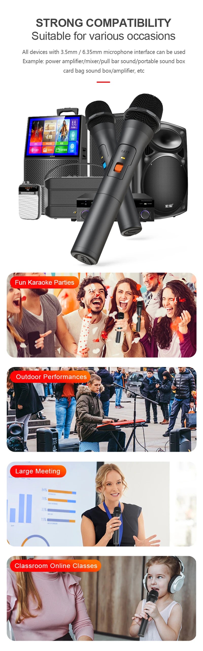 1 Pair VHF Wireless Microphone System Kits USB Receiver Handheld Karaoke Microphone Home Party Smart TV Speaker Singing Mic