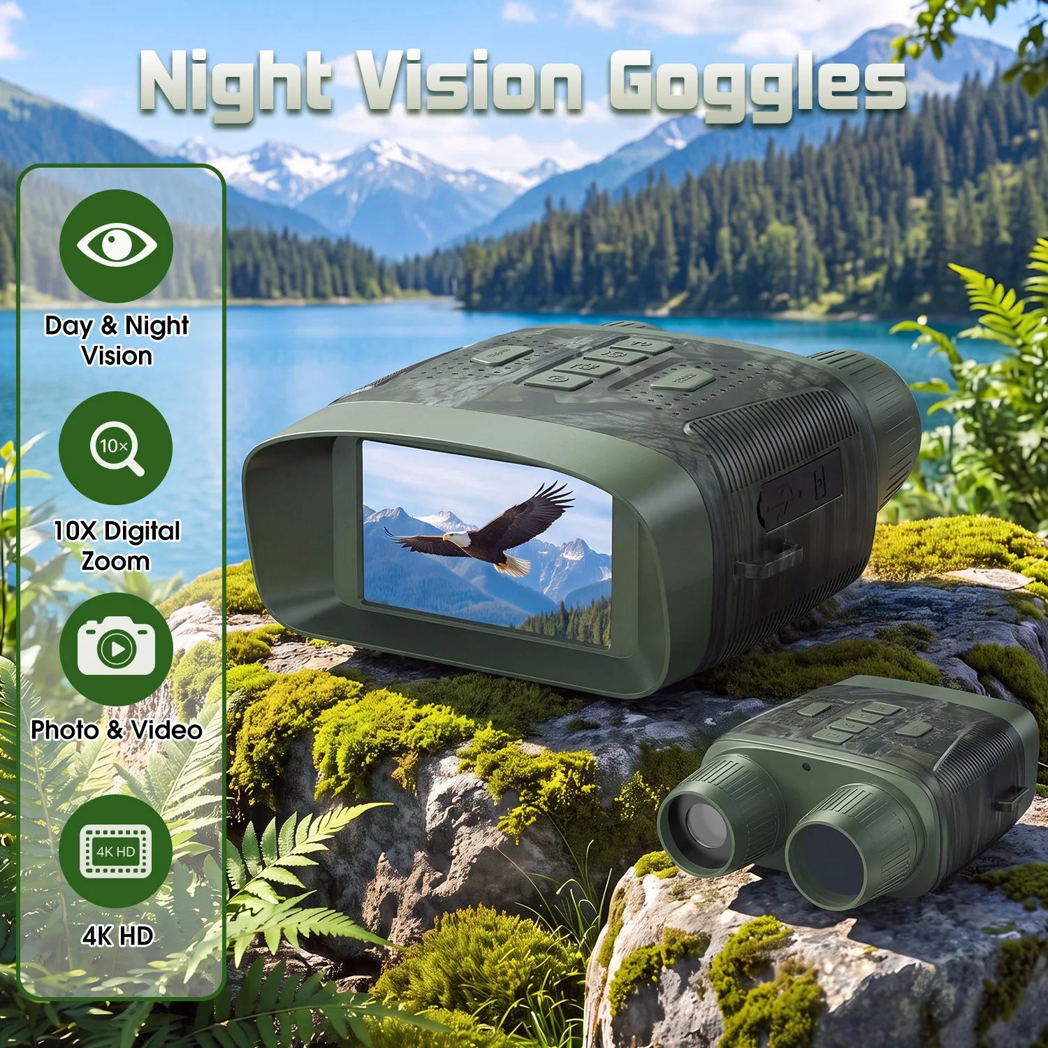 Infrared Night Vision Goggles 4K HD, with 3" Screen&10X Digital Zoom Camera, 2500mAh Battery USB Rechargeable Binoculars, for Wildlife Observation Hunting Camping Hiker Backpackers